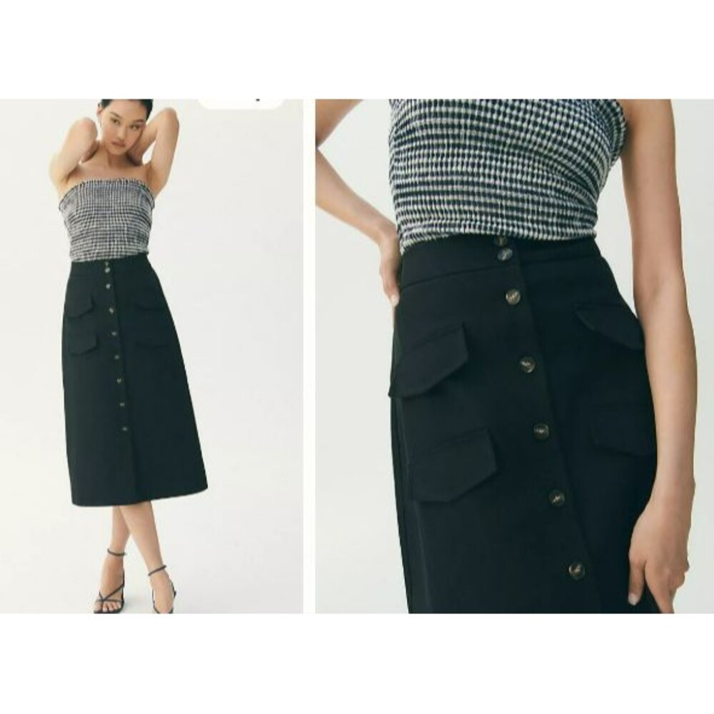 Mare Mare X Anthropologie Black Utility Midi Skirt Button Front Size XL A-Line